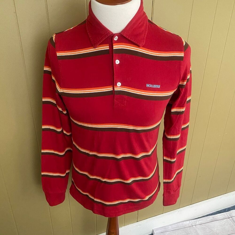 Hollister men M 100% cotton 3 button longsleeve collared stripe polo red